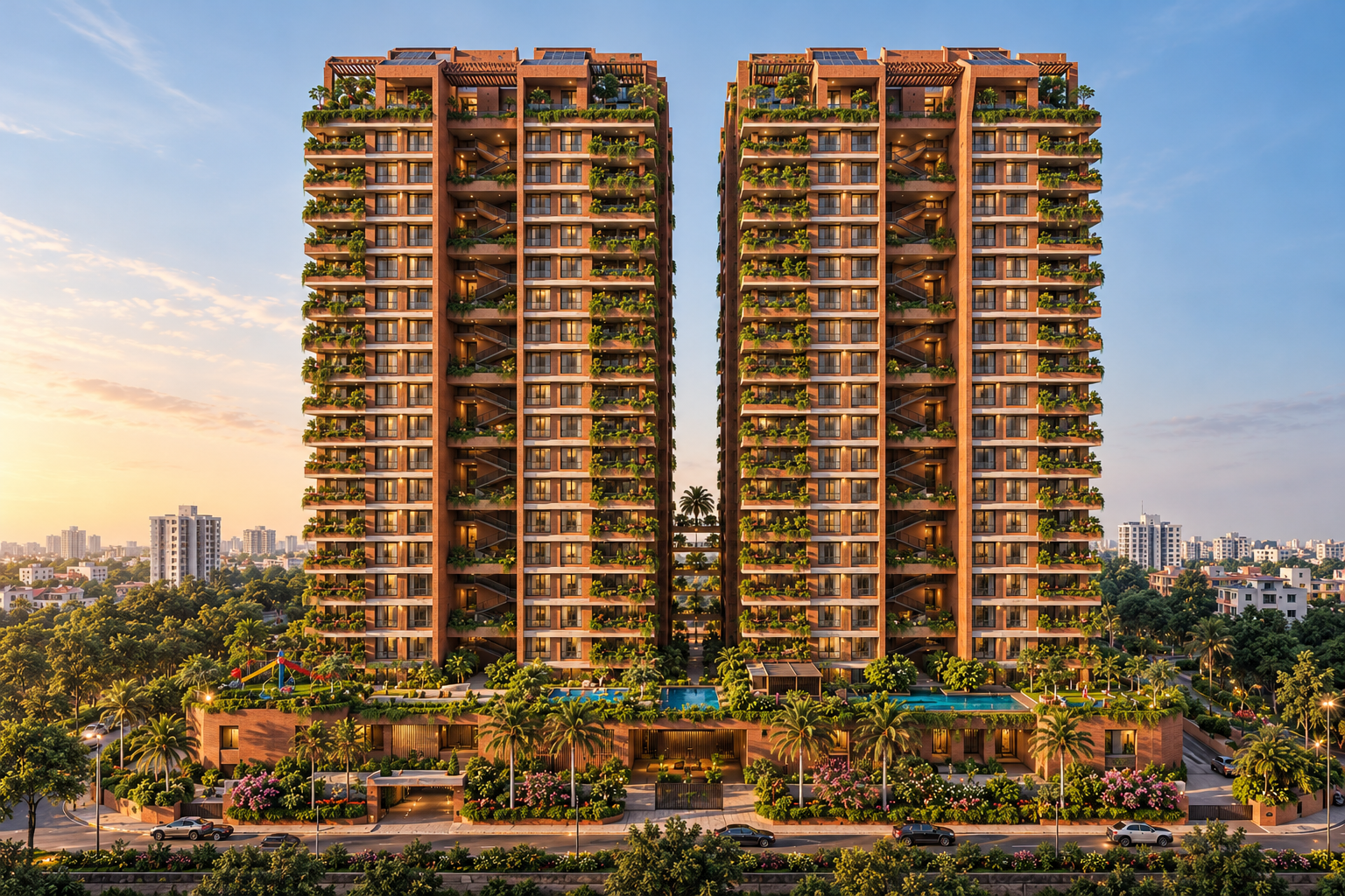 Conceptual representation of paired 25-storey red-brick towers with recessed courtyards and planted terraces