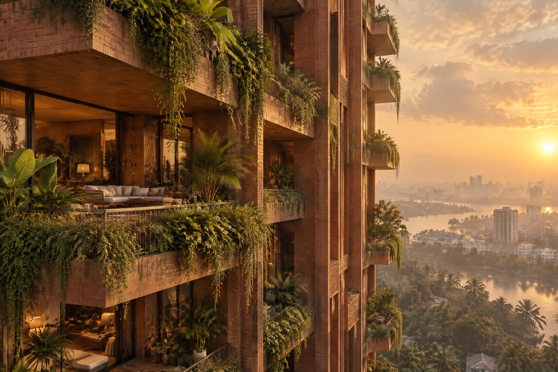 Red-brick luxury high-rise wrapped in tropical greenery at sunset