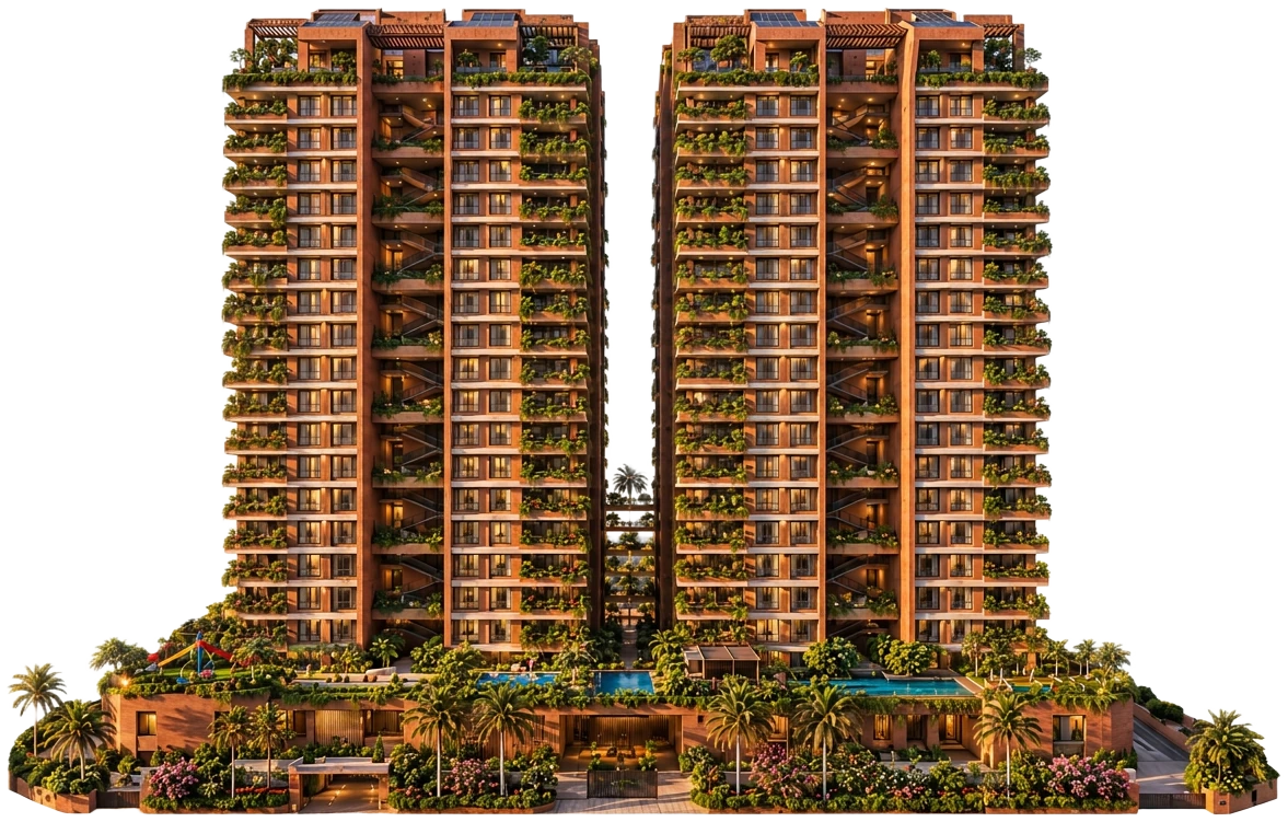 Conceptual representation of Tower A and Tower B, with 25 storeys, open courtyards and planted terraces